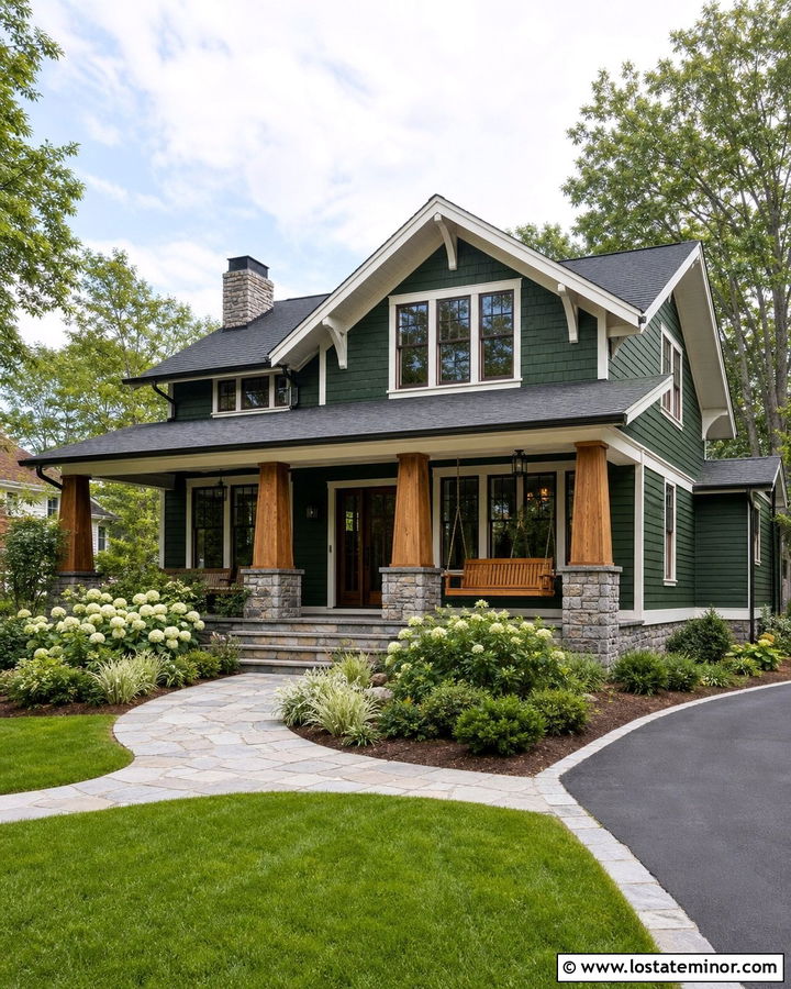 Forest Green Craftsman House With Cedar Porch Swing - 30 Forest Green House Design With Swing Ideas