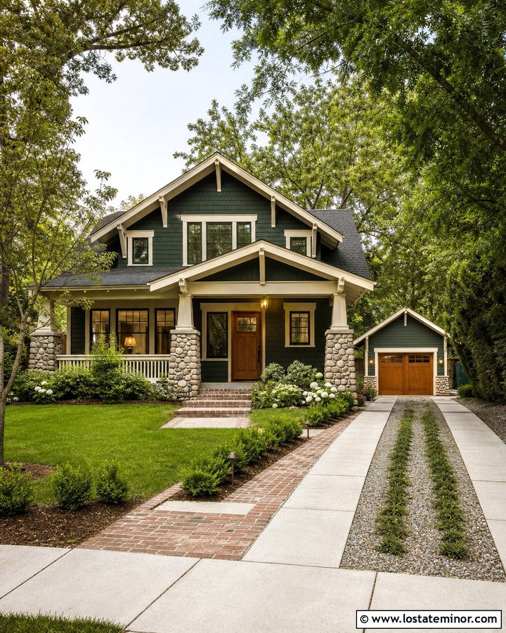 Forest Green Craftsman House With Concrete Strip Driveway - 30 Forest Green House Design With Driveway Ideas