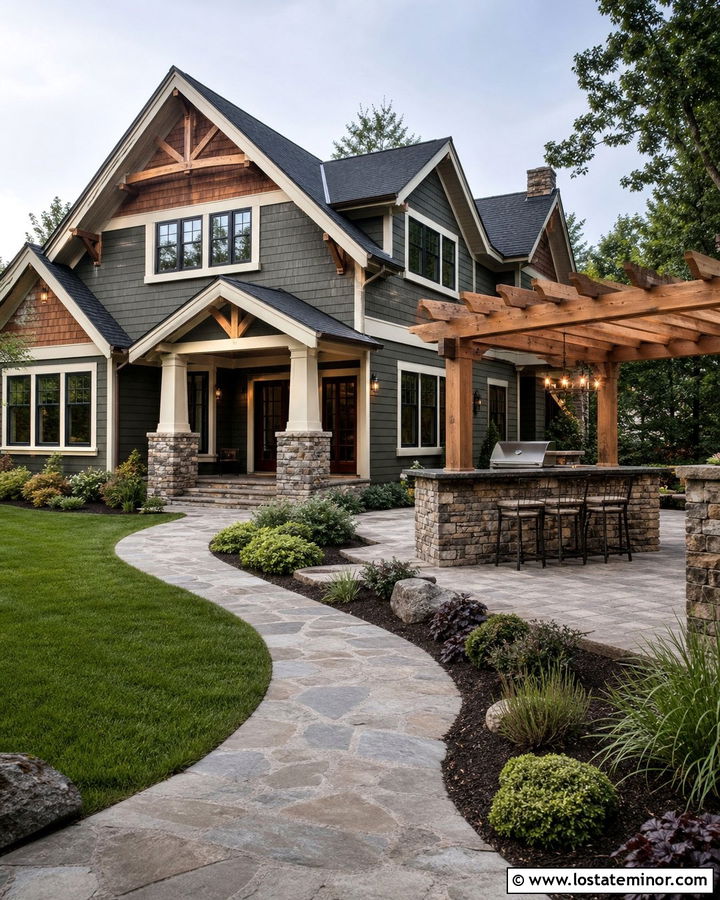 Forest Green Craftsman House With Outdoor Kitchen - 30 Forest Green House Design With Backyard Ideas