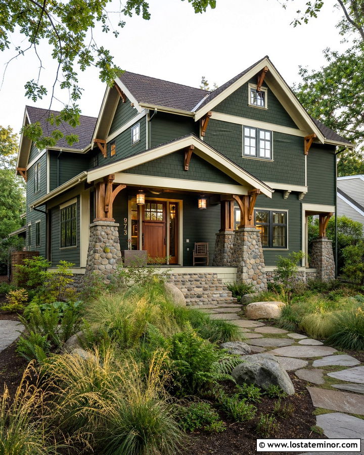 Forest Green Craftsman House With River Rock Steps - 30 Forest Green House Design With Steps Ideas