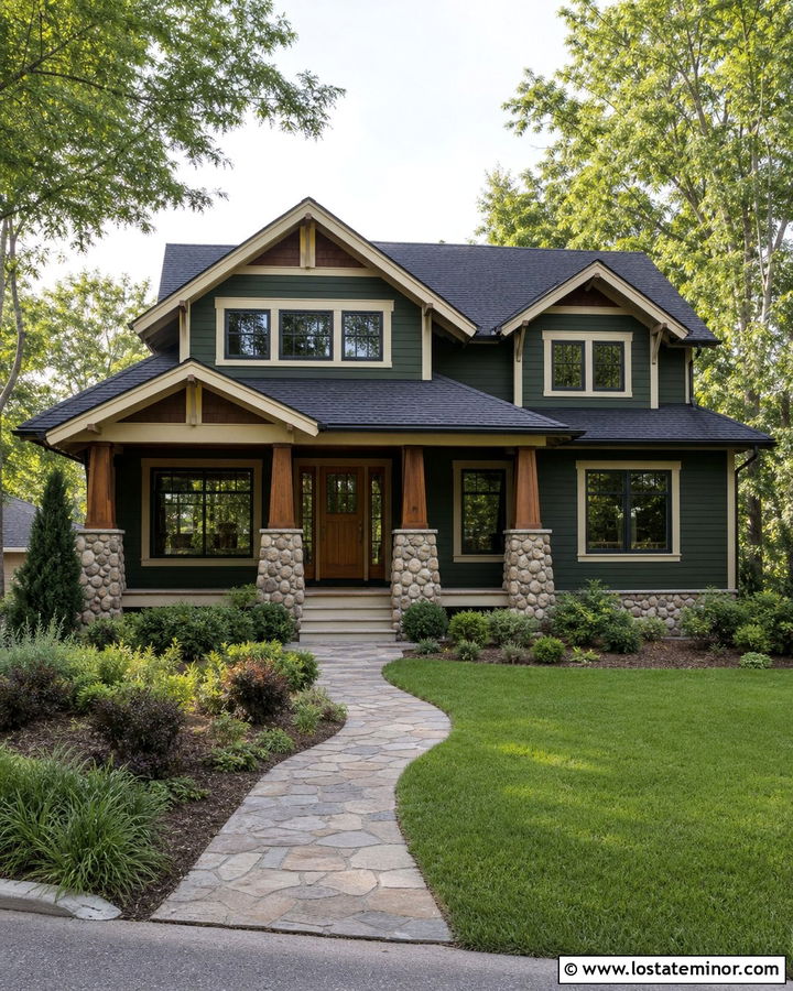 Forest Green Craftsman House With River Rock - 30 Forest Green House Design With Stone Accents Ideas