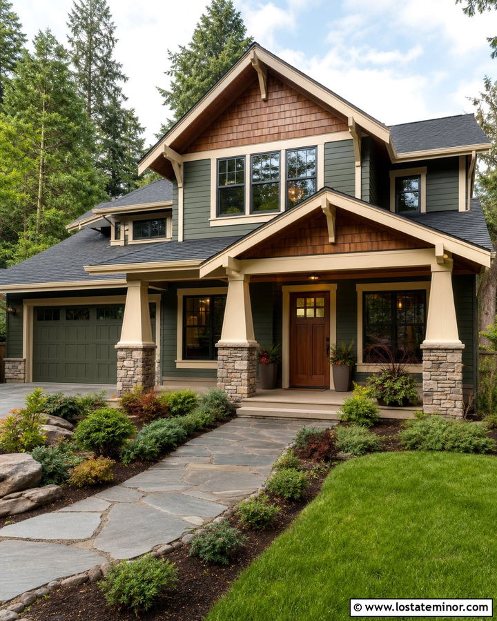 Forest Green Craftsman House With Stained Front Door - 30 Forest Green House Design With Front Door Ideas