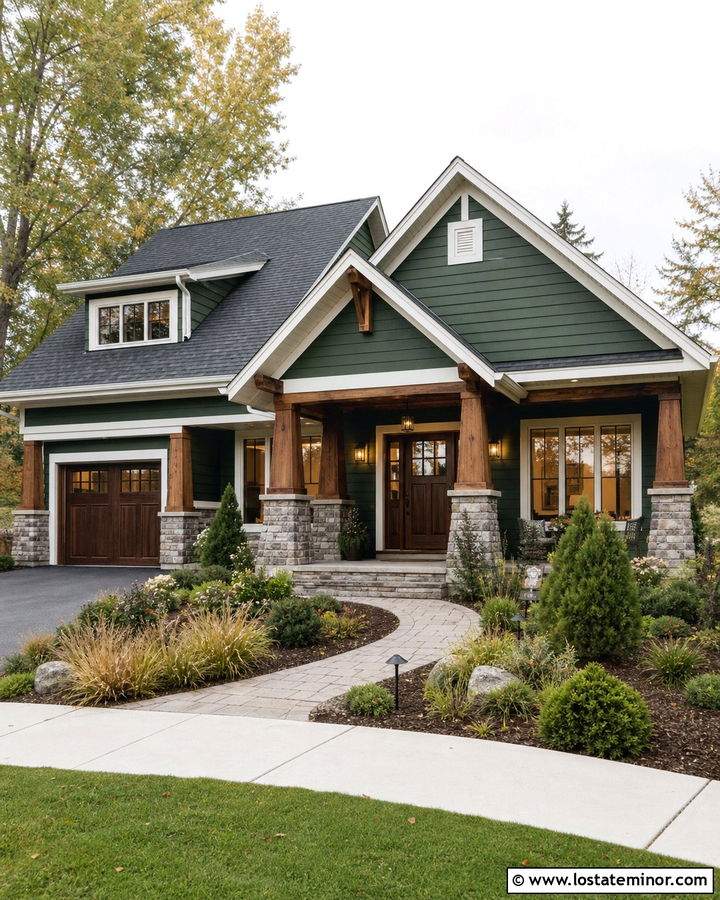 Forest Green Craftsman House With Stone Porch Columns - 30 Forest Green House Design With Front Porch Ideas