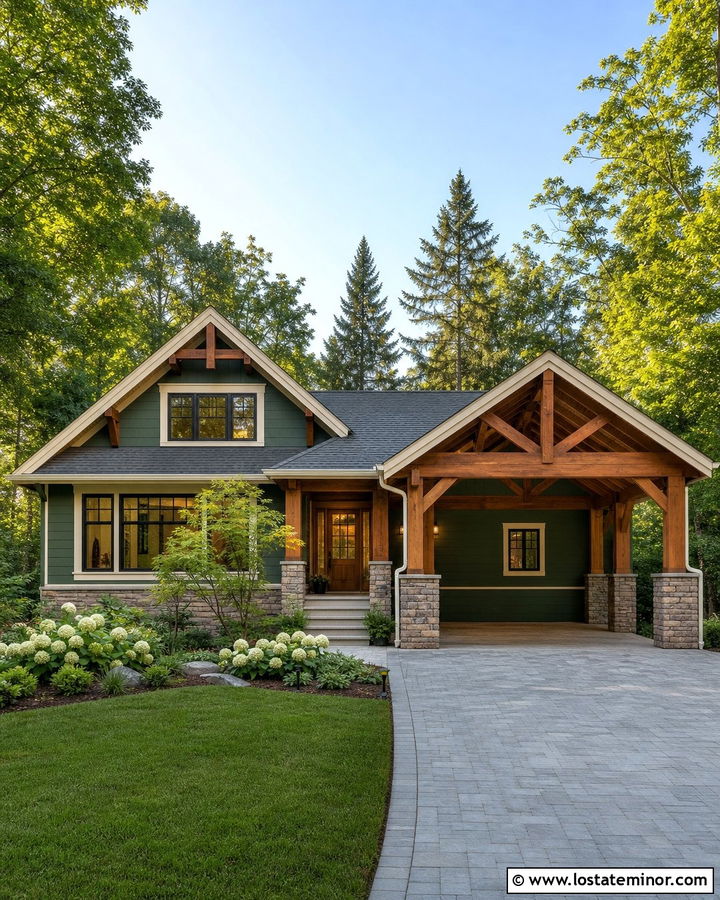 Forest Green Craftsman House With Timber Carport - 30 Forest Green House Design With Carport Ideas