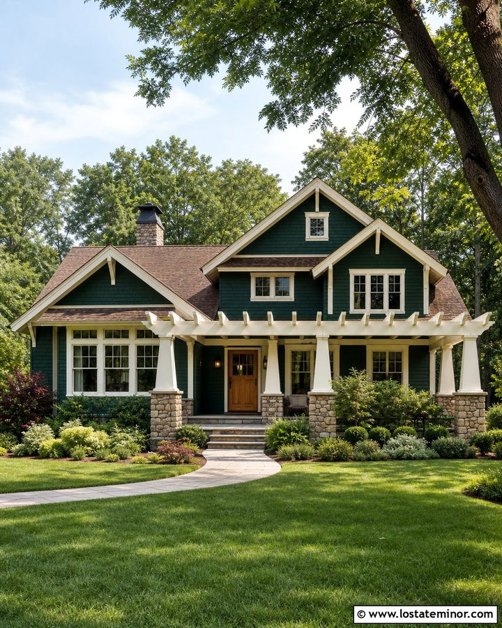 Forest Green Craftsman House With White Pergola - 30 Forest Green House Design With Pergola Ideas