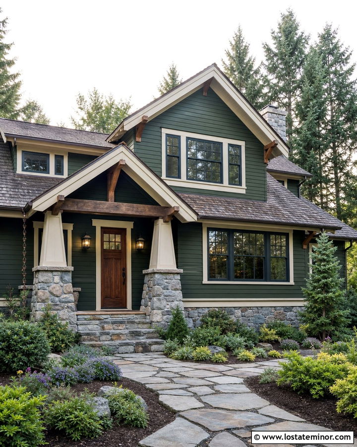 Forest Green Craftsman With Bronze Lanterns - 30 Forest Green House Design With Light Fixtures Ideas