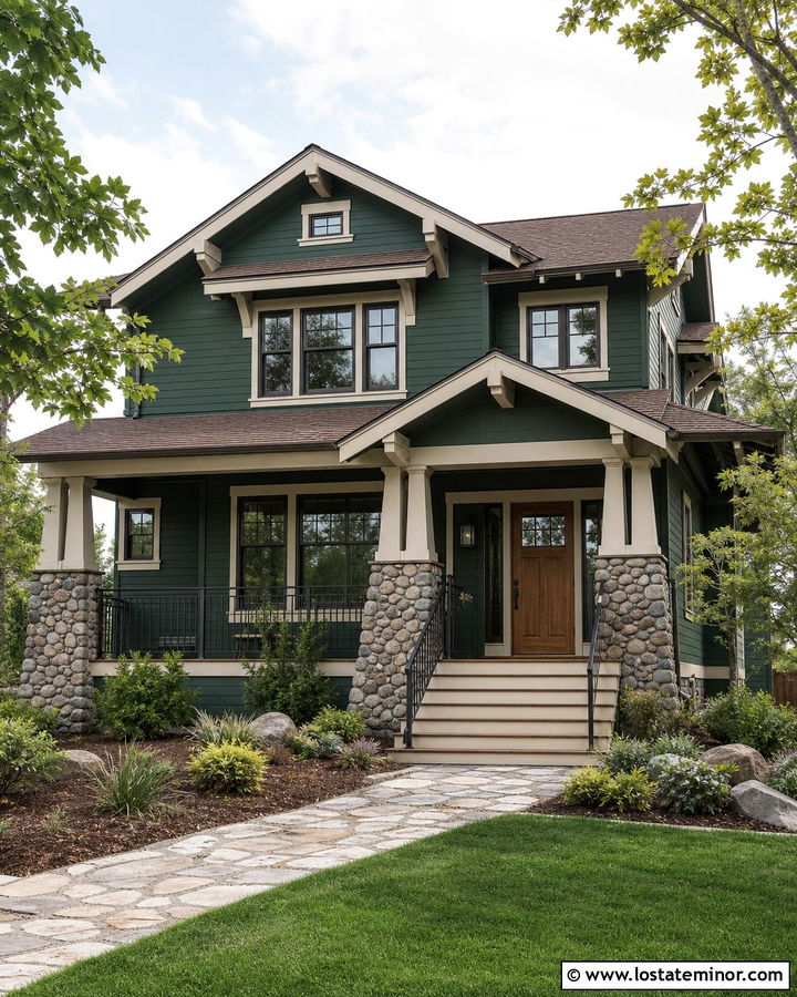 Forest Green Craftsman With Bronze Window Frames - 30 Forest Green House Design With Window Frames Ideas