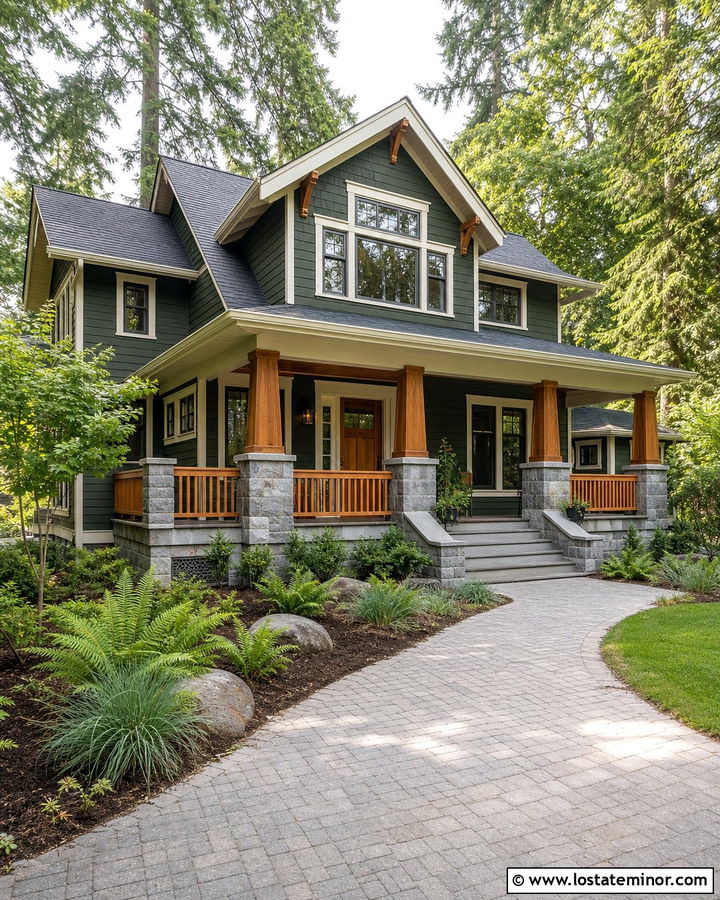 Forest Green Craftsman With Cedar Railings - 30 Forest Green House Design With Railings Ideas