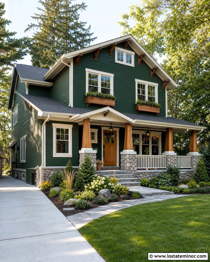 Forest Green Craftsman With Cedar Window Boxes - 30 Forest Green House Design With Window Boxes Ideas
