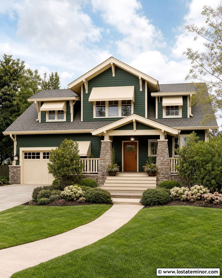 Forest Green Craftsman With Cream Canvas Awnings - 30 Forest Green House Design With Awning Ideas