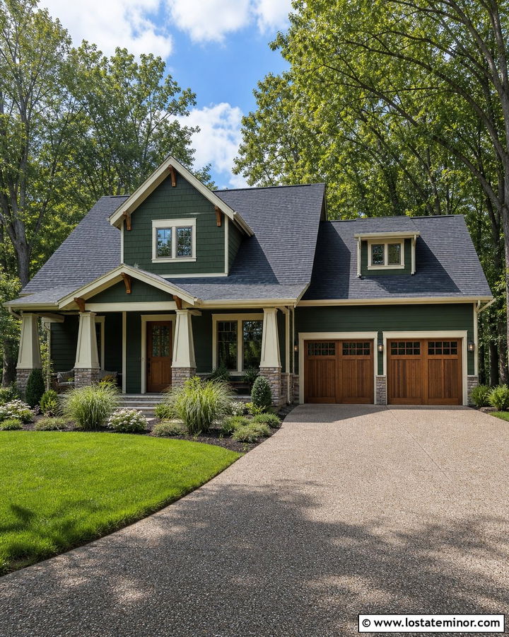 Forest Green Craftsman With Exposed Aggregate Driveway - 30 Forest Green House Design With Driveway Ideas