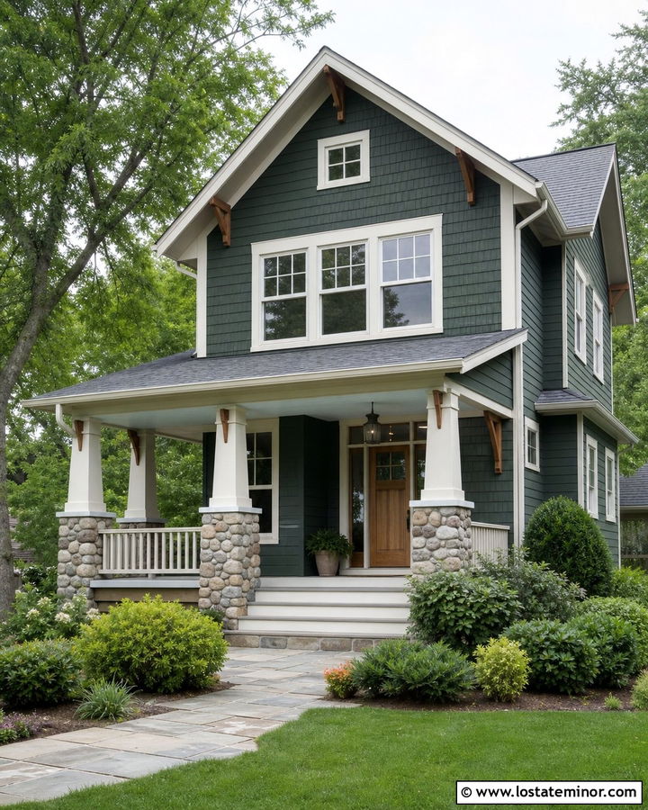 Forest Green Craftsman With Haint Blue Porch Ceiling - 30 Forest Green House Design With Porch Ceiling Ideas