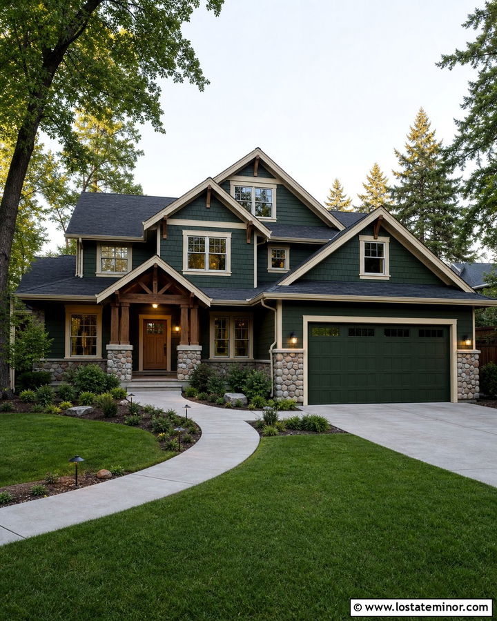 Forest Green Craftsman With Matching Garage And Portico - 30 Forest Green House Design With Portico Ideas