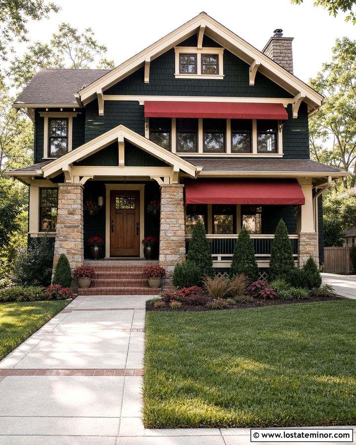 Forest Green Craftsman With Red Canvas Awnings - 30 Forest Green House Design With Awning Ideas