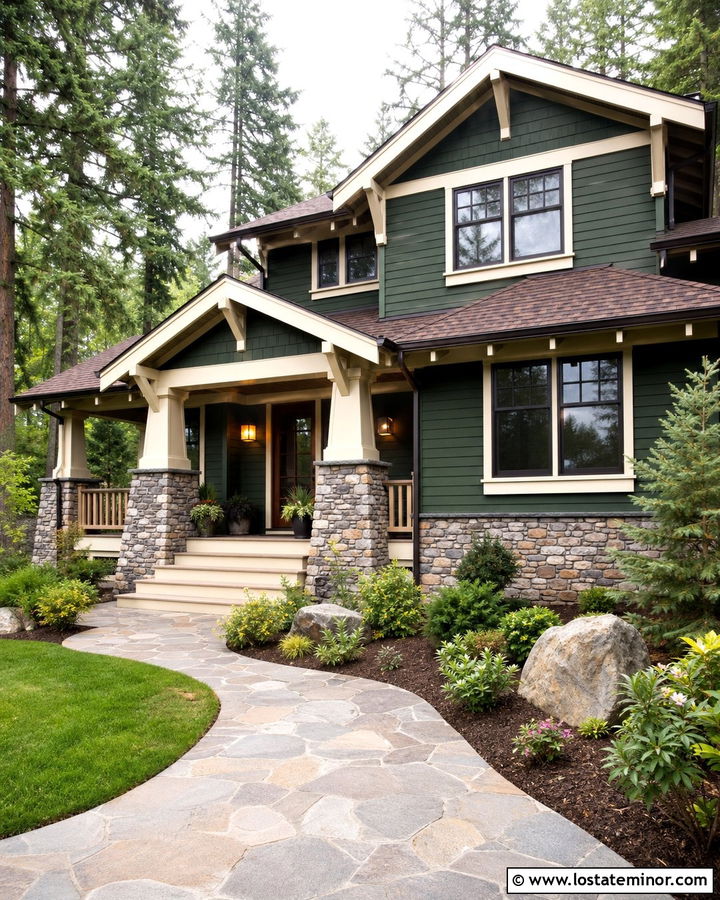 Forest Green Craftsman With Stone And Storm Door - 30 Forest Green House Design With Storm Door Ideas