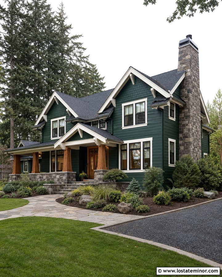 Forest Green Craftsman With Stone Chimney - 30 Forest Green House Design With Chimney Ideas