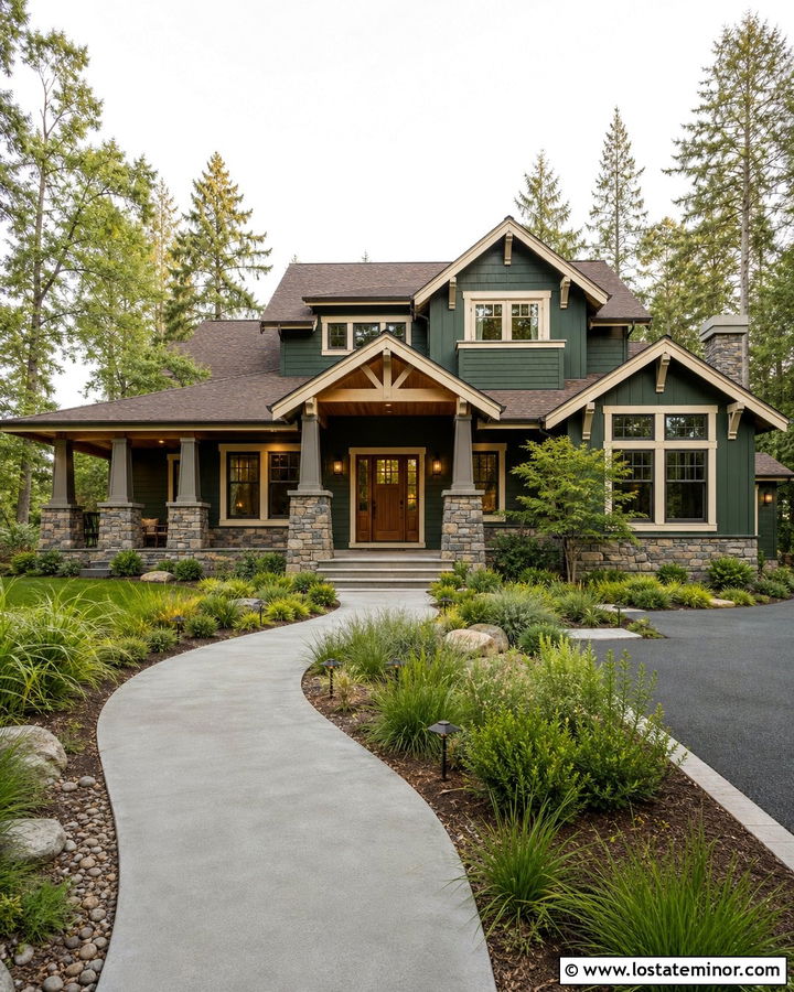 Forest Green Craftsman With Stone Column Lighting - 30 Forest Green House Design With Lighting Ideas