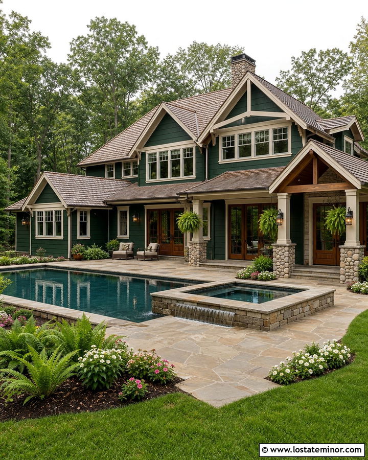 Forest Green Craftsman With Stone Pool Deck - 30 Forest Green House Design With Swimming Pool Ideas