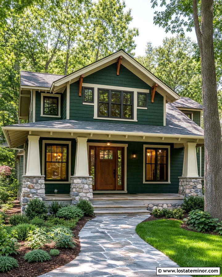 Forest Green Craftsman With Tapered Stone Columns - 30 Forest Green House Design With Porch Columns Ideas
