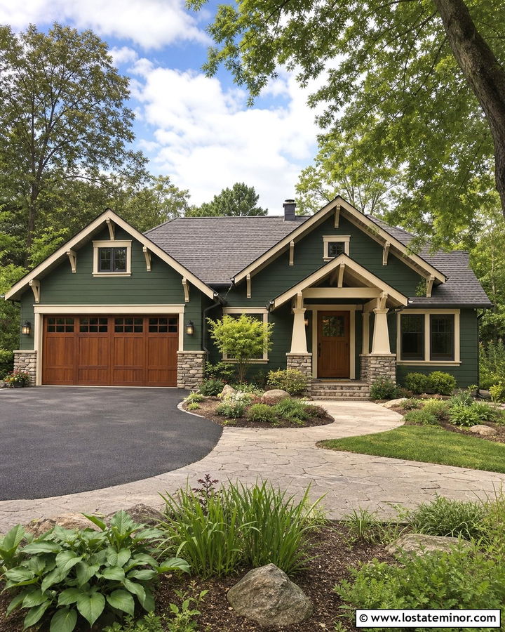 Forest Green Craftsman With Wood Garage Door - 30 Forest Green House Design With Garage Door Ideas