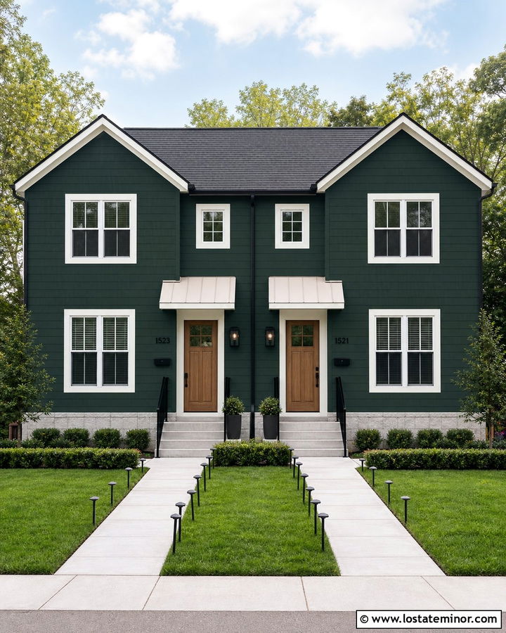 Forest Green Duplex With Matching Entry Awnings - 30 Forest Green House Design With Awning Ideas
