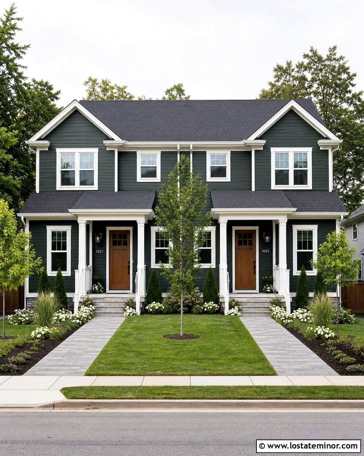 Forest Green Duplex With Symmetrical Planting - 30 Forest Green House Design With Front Yard Ideas
