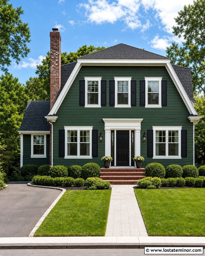 Forest Green Dutch Colonial With Brick Chimney - 30 Forest Green House Design With Chimney Ideas