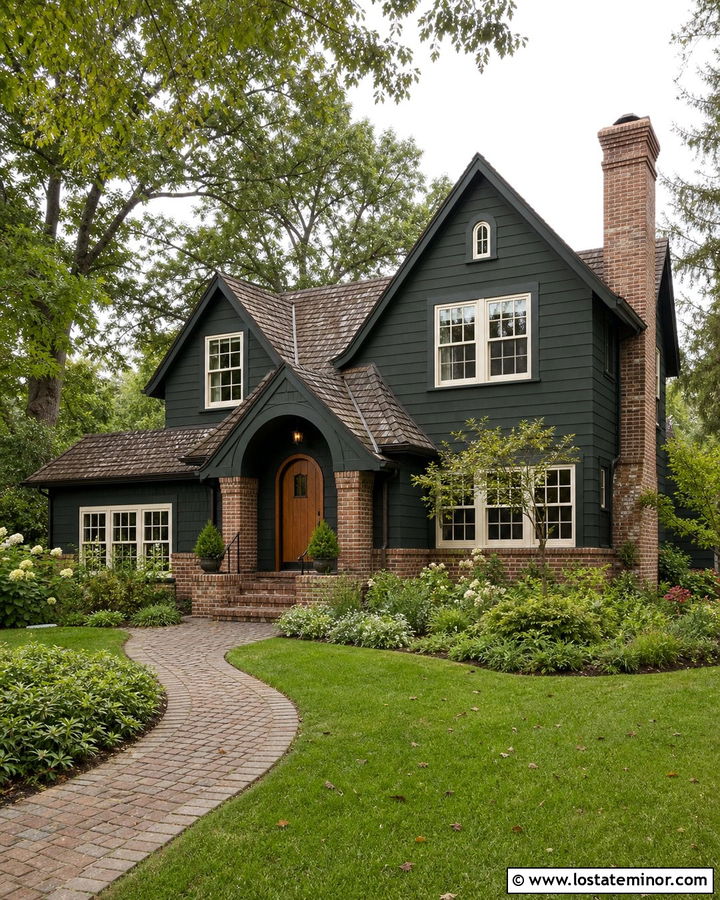 Forest Green English Cottage With Brick Arch Portico - 30 Forest Green House Design With Portico Ideas