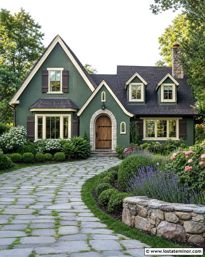 Forest Green English Cottage With Grass Joint Pavers - 30 Forest Green House Design With Driveway Ideas