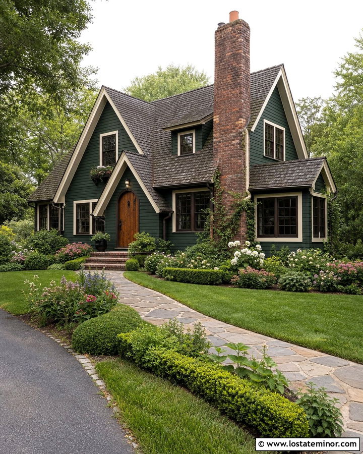 Forest Green English Cottage With Warm Brick Chimney - 30 Forest Green House Design With Chimney Ideas