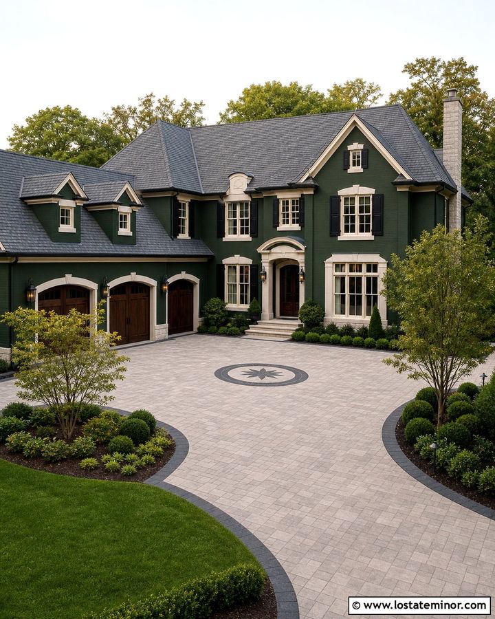 Forest Green Estate House With Paver Motor Court - 30 Forest Green House Design With Driveway Ideas
