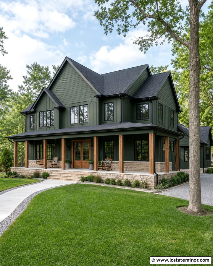 Forest Green Farmhouse With Black Roof Shingles - 30 Forest Green House Design With Shingles Ideas