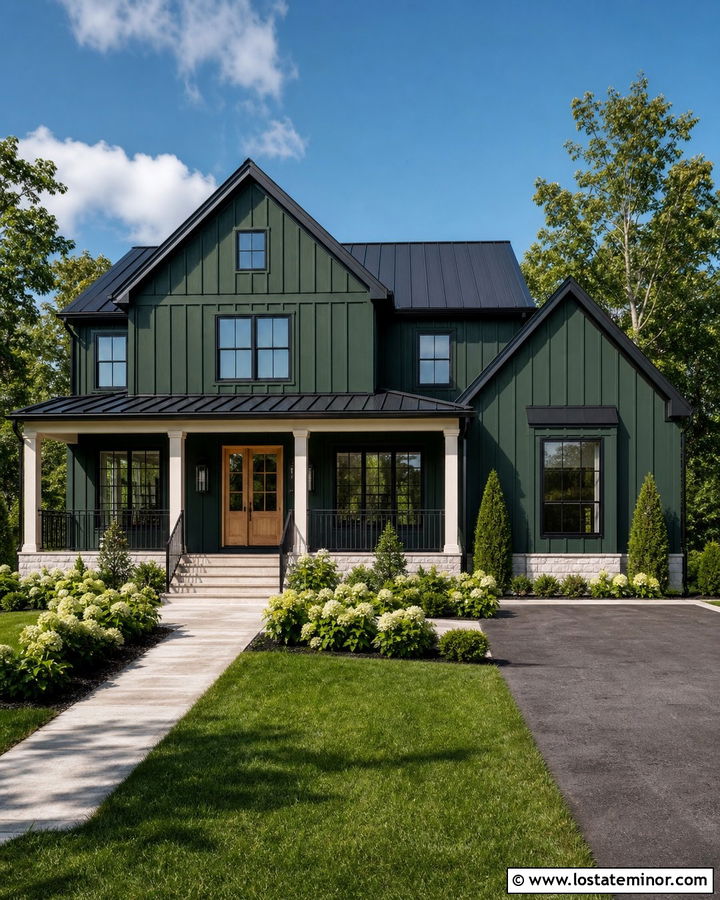 Forest Green Farmhouse With Black Window Frames - 30 Forest Green House Design With Window Frames Ideas