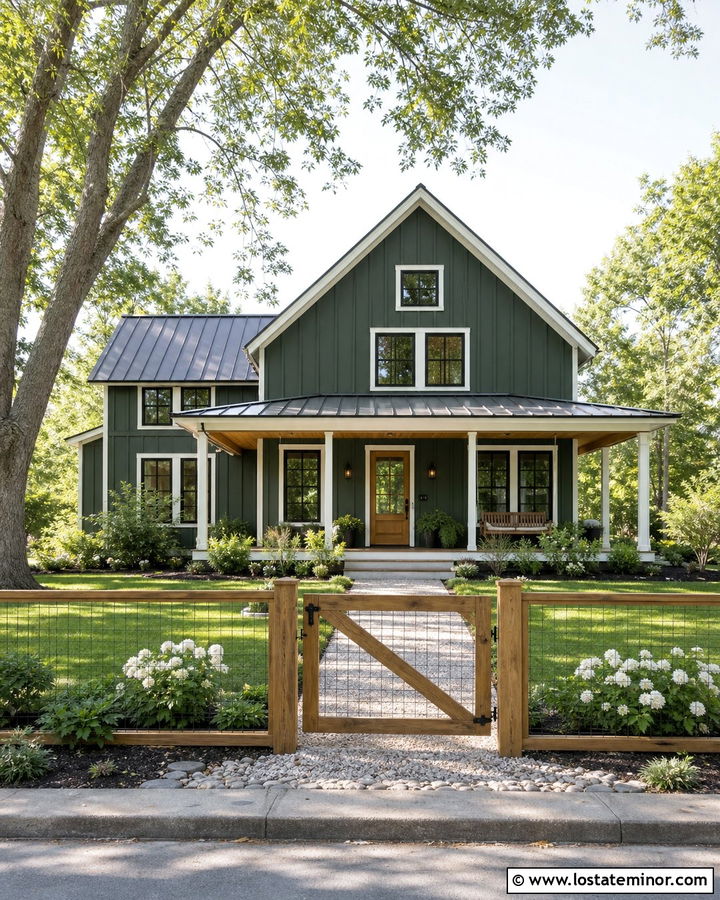 Forest Green Farmhouse With Black Wire Fence - 30 Forest Green House Design With Fence Ideas