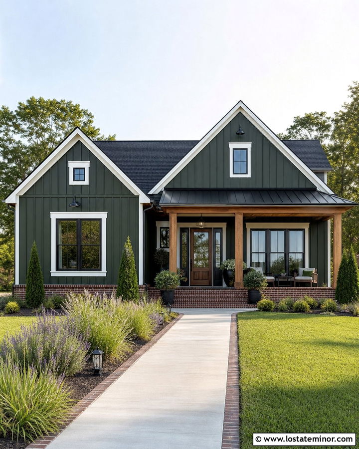 Forest Green Farmhouse With Brick Skirt - 30 Forest Green House Design With Brick Accents Ideas