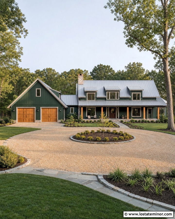 Forest Green Farmhouse With Circular Gravel Driveway - 30 Forest Green House Design With Driveway Ideas