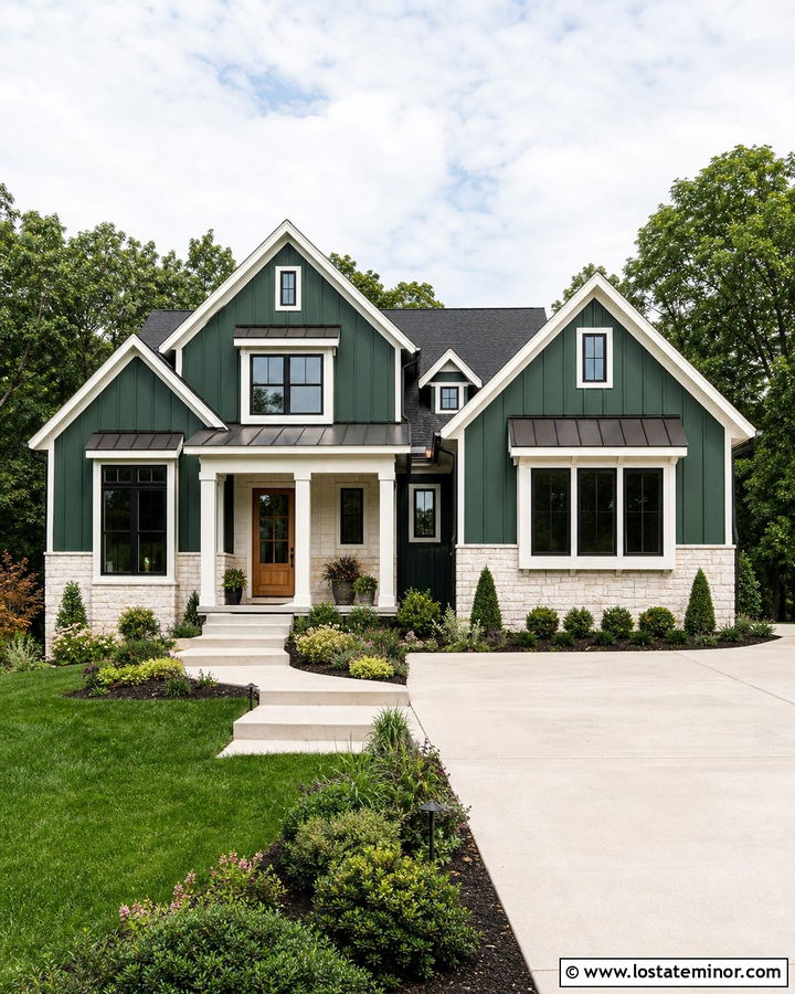 Forest Green Farmhouse With Cream Limestone - 30 Forest Green House Design With Stone Accents Ideas