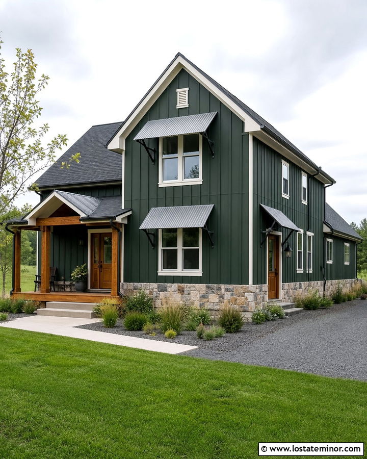 Forest Green Farmhouse With Galvanized Steel Awnings - 30 Forest Green House Design With Awning Ideas