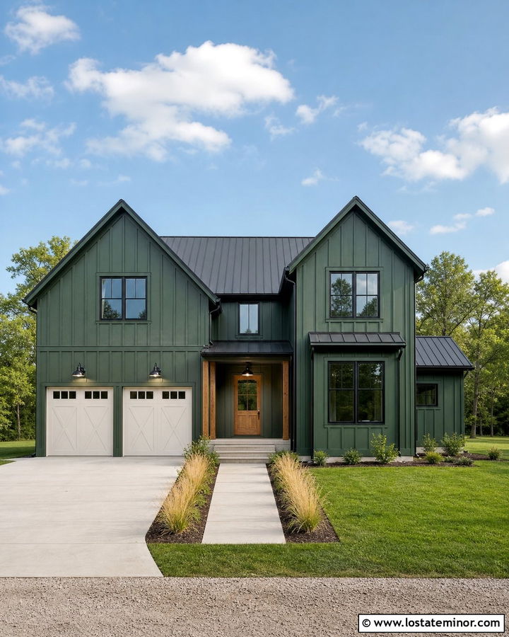Forest Green Farmhouse With Gooseneck Lighting - 30 Forest Green House Design With Lighting Ideas