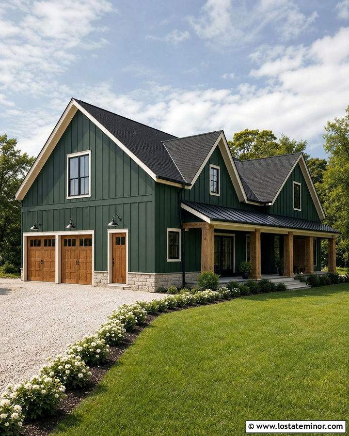 Forest Green Farmhouse With Gooseneck Lights - 30 Forest Green House Design With Light Fixtures Ideas