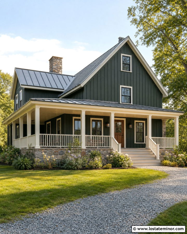 Forest Green Farmhouse With Pale Yellow Porch Ceiling - 30 Forest Green House Design With Porch Ceiling Ideas