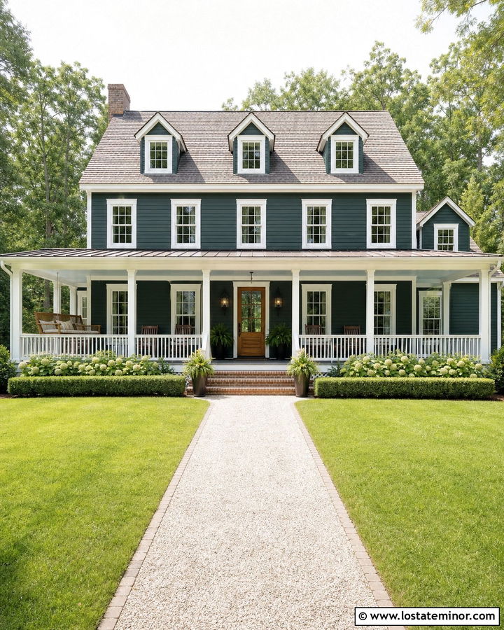 Forest Green Farmhouse With Porch Swing - 30 Forest Green House Design With Front Porch Ideas