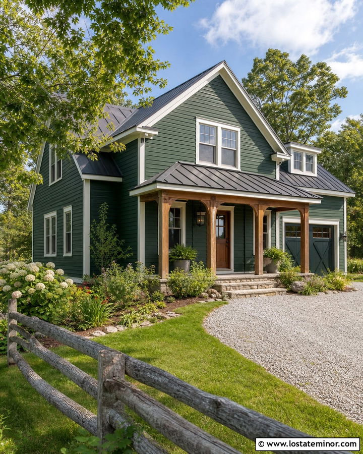 Forest Green Farmhouse With Rustic Metal Portico - 30 Forest Green House Design With Portico Ideas