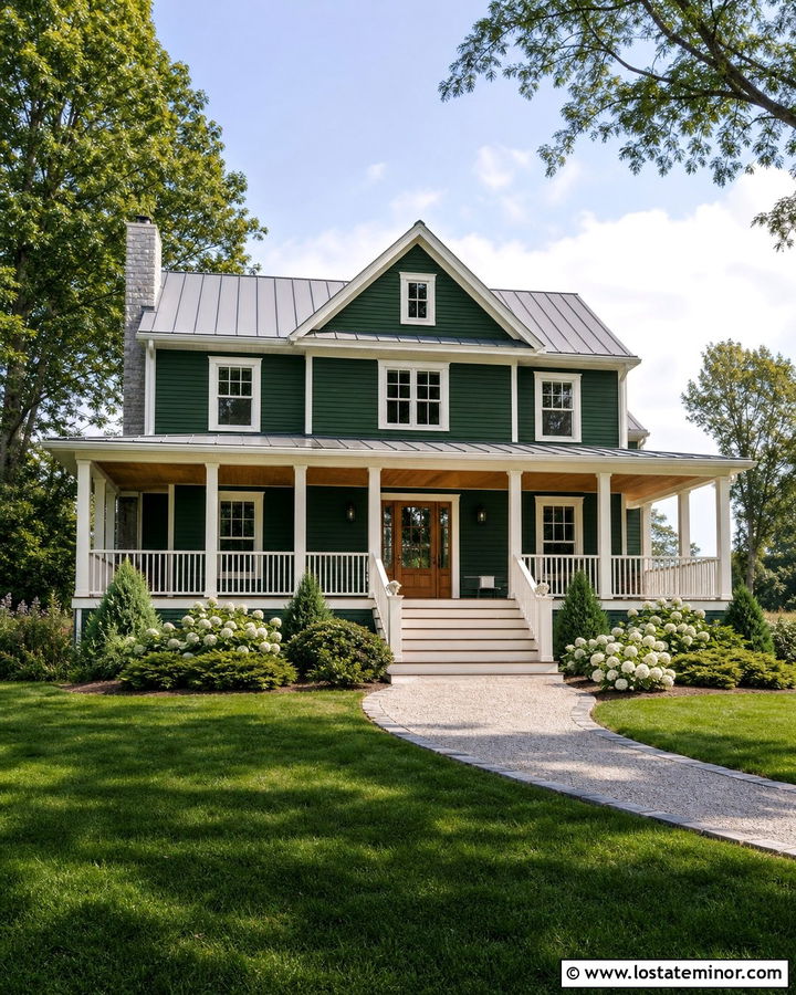 Forest Green Farmhouse With Square White Railings - 30 Forest Green House Design With Railings Ideas