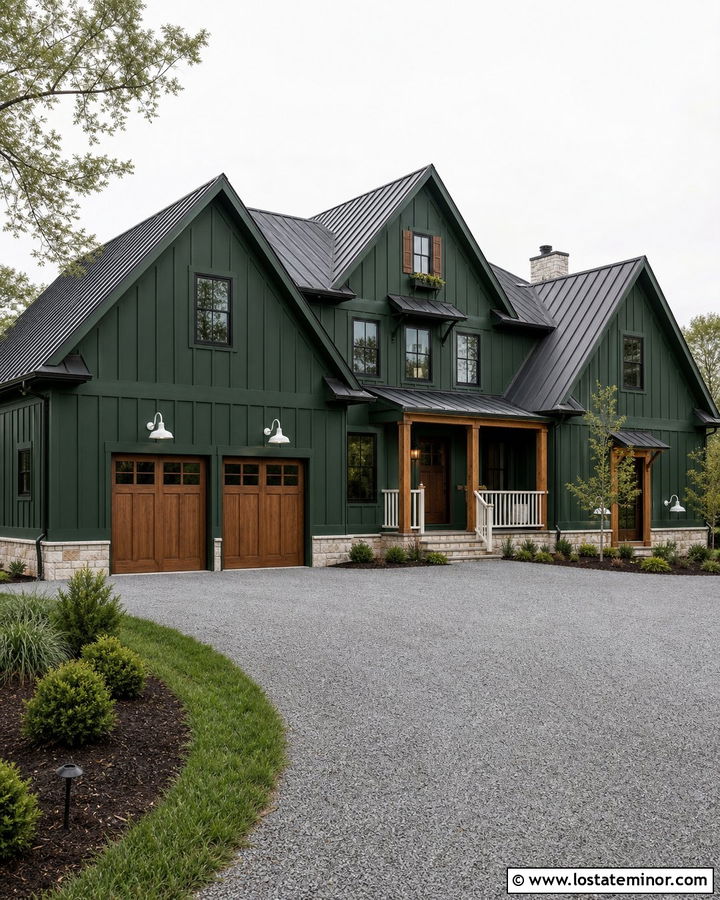Forest Green Farmhouse With White Barn Lights - 30 Forest Green House Design With Light Fixtures Ideas