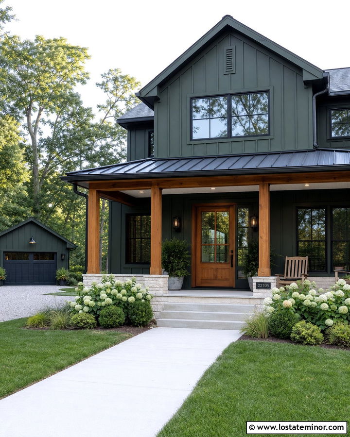 Forest Green Farmhouse With White Ceiling And Wood Beams - 30 Forest Green House Design With Porch Ceiling Ideas
