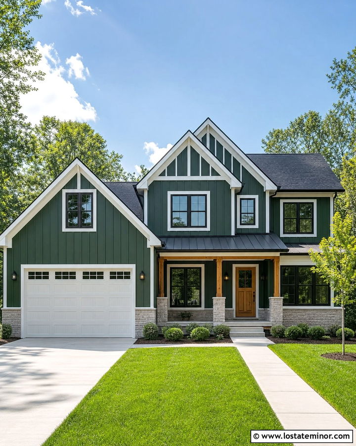 Forest Green Farmhouse With White Garage Door - 30 Forest Green House Design With Garage Door Ideas