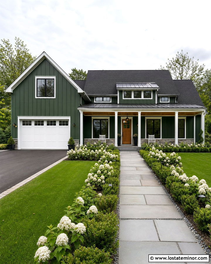 Forest Green Farmhouse With White Hydrangeas - 30 Forest Green House Design With Front Yard Ideas