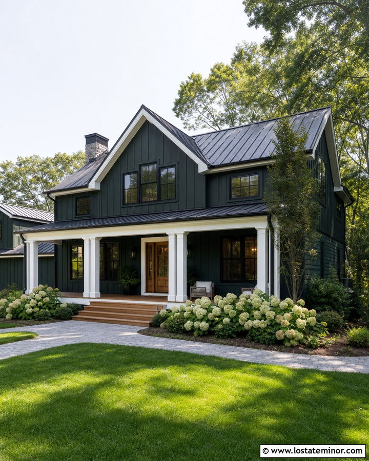 Forest Green Farmhouse With White Porch Columns - 30 Forest Green House Design With Porch Columns Ideas