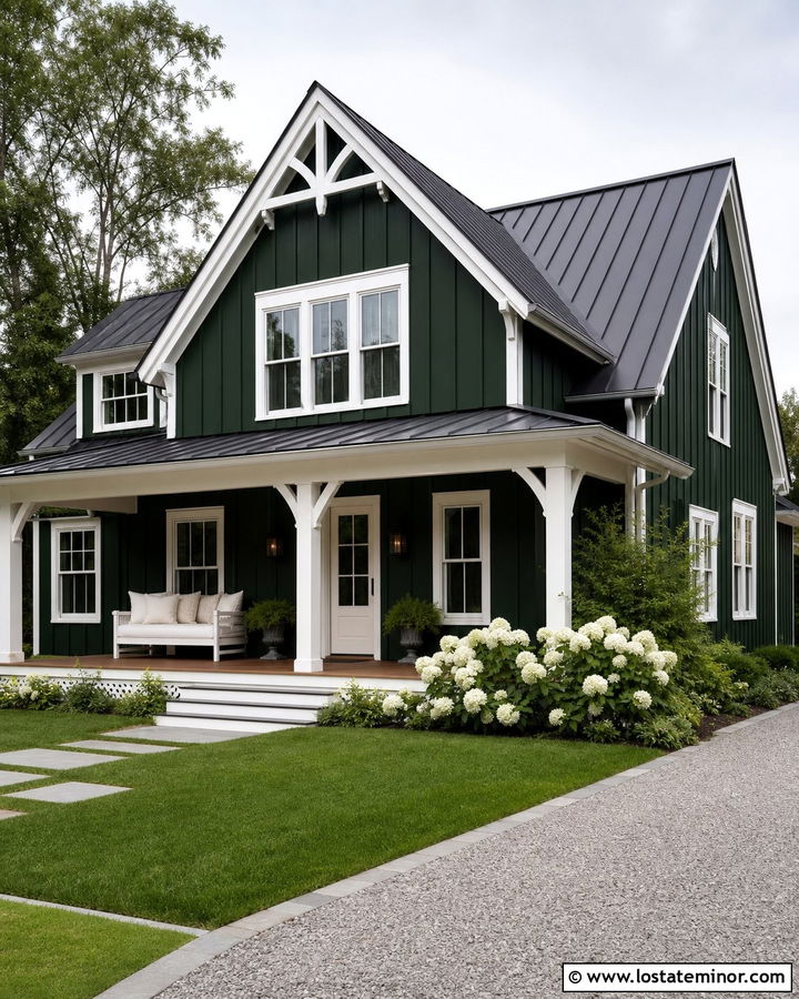 Forest Green Farmhouse With White Porch Daybed - 30 Forest Green House Design With Daybed Ideas